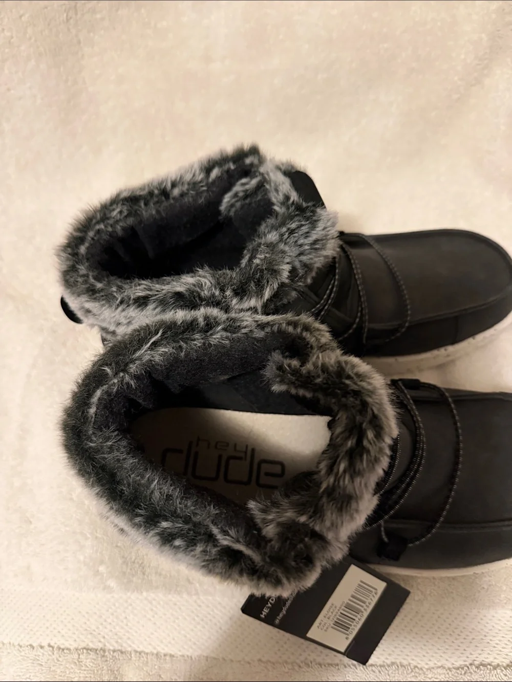 Hey Dude Black Ankle Boots with Gray Faux-Fur Trim